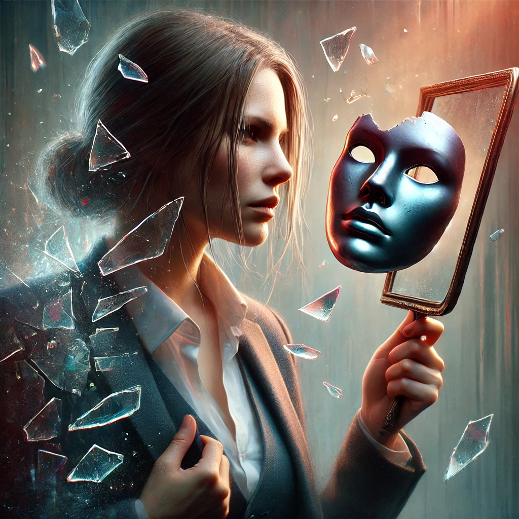 AI generated image of a women looking into a mirror , a cracked mask falling away and shattering glass, representing a new clarity and focus that has been found in my mind